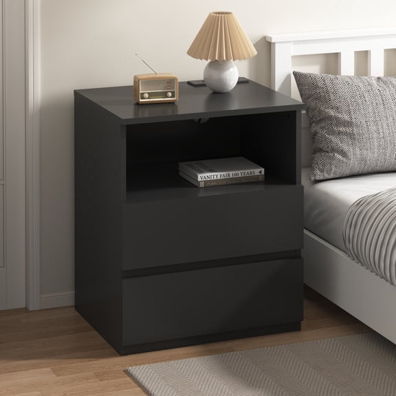 Demi Bonn Black End Table - Fast USB C Charging, 2 Drawers, Large Storage Modern Wood Cabinet