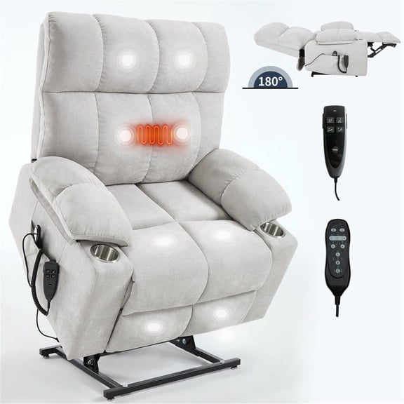 Domi Bonn Dual Motor Infinite Position Up to 350 LBS Chenille Power Lift Recliner Chair, Heavy Duty Motion Mechanism with 8-Point Vibration Massage and Lumbar Heating, Dual Cup Holders, Beige