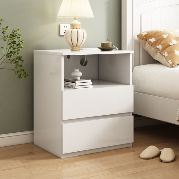 Demi Bonn White End Table - USB C Charging Station, 2 Drawers, Wood Storage Cabinet for Multi-Space