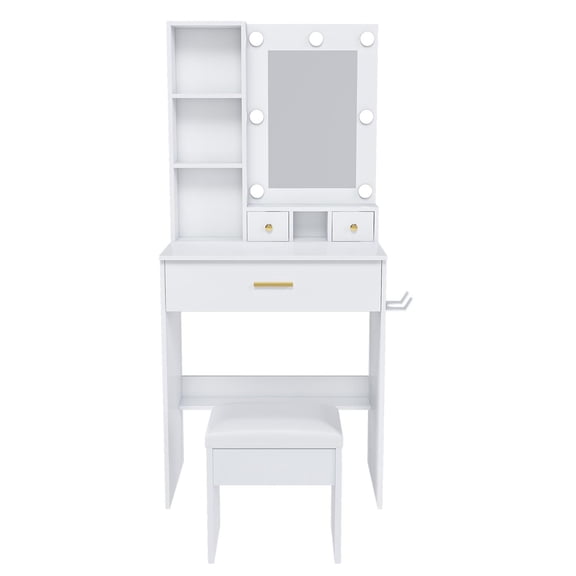Demi Bonn White Vanity Table - Adjustable LED Lights, Power Outlet, Hairdryer Holder & Stool