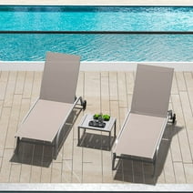 Domi Chaise Lounge Outdoor Set of 3, Lounge Chairs for Outside with Wheels, Outdoor Lounge Chairs with 5 Adjustable Position, Pool Lounge Chairs for Patio, Beach, Yard, Deck, Poolside, Khaki