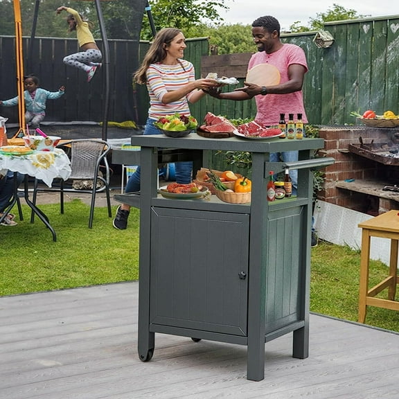 Domi Grill Carts Outdoor with Storage and Wheels, Whole Metal Portable Table and Storage Cabinet for BBQ,Deck,Patio,Backyard(Dark Grey)