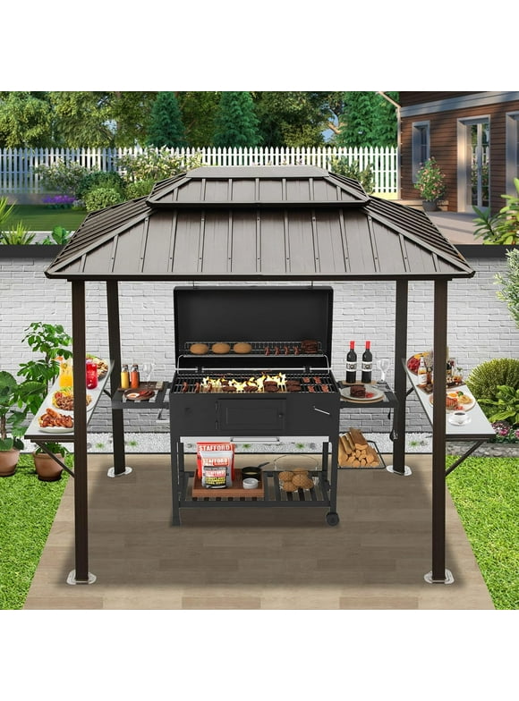 Domi Grill Gazebo 8'  6' Aluminum BBQ Gazebo Outdoor Metal Frame with Shelves Serving Tables, Permanent Double Roof Hard top Gazebos for Patio Lawn Deck Backyard and Garden (Brown)