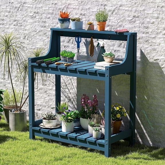 Domi HDPE Outdoor Potting Bench, All Weather Garden Table with Storage, Dark Blue