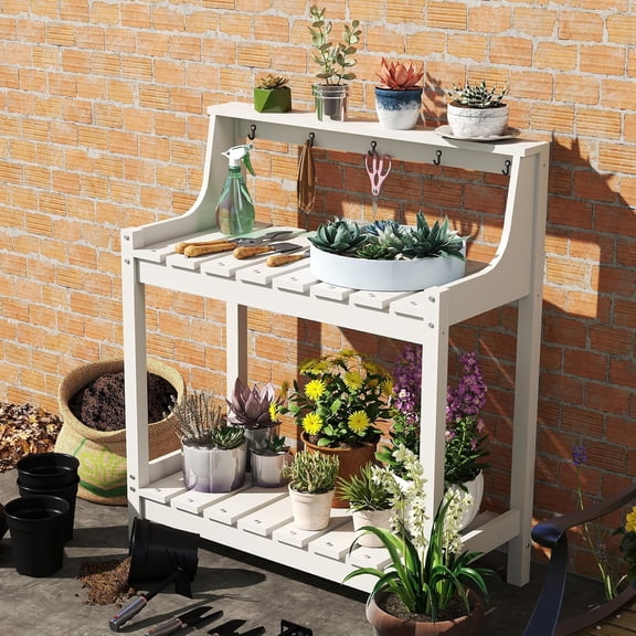 Domi HDPE Outdoor Potting Bench, All Weather Garden Table with Storage, White