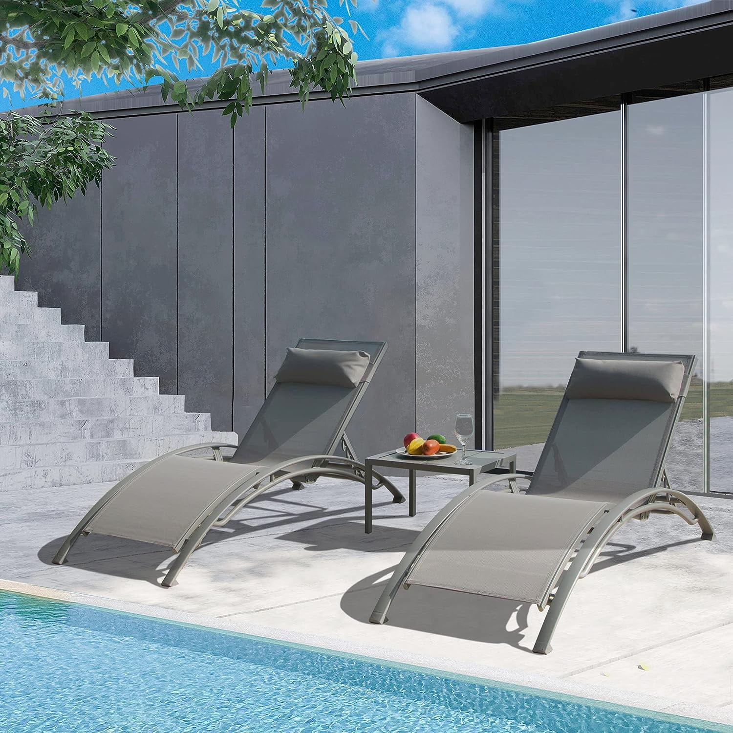 Domi 3-Piece Patio Lounger Set, Aluminum Chairs with 5 Positions ...