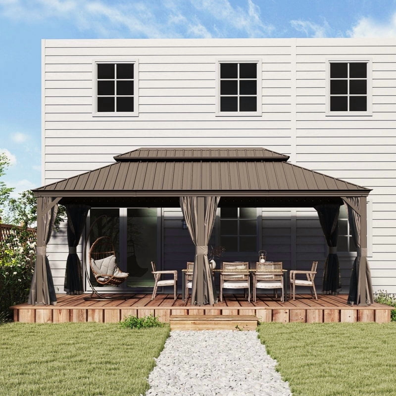 Domi Ourdoor Living 20ft×14ft Hardtop Gazebo,Aluminum Frame Canopy Galvanized Steel with Double Roof,Permanent Outdoor Metal Pavilion with Curtains & Netting for Patio,Backyard & Lawn,Brown