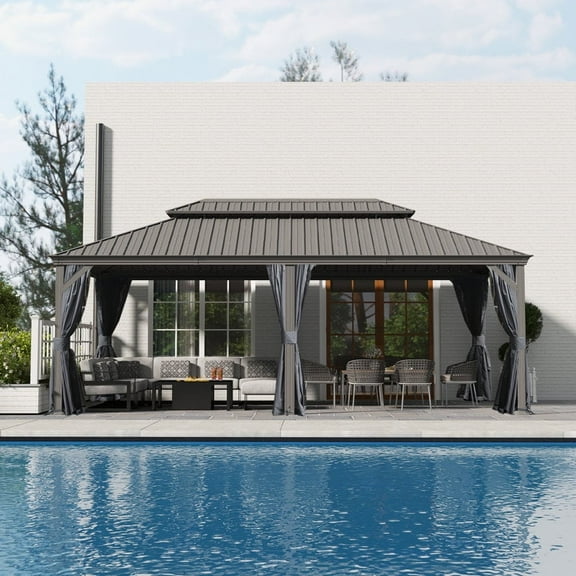 Domi Ourdoor Living 22ftĂ—14ft Hardtop Gazebo,Aluminum Frame Canopy Galvanized Steel with Double Roof,Permanent Outdoor Metal Pavilion with Curtains & Netting for Patio,Backyard & Lawn,Gray