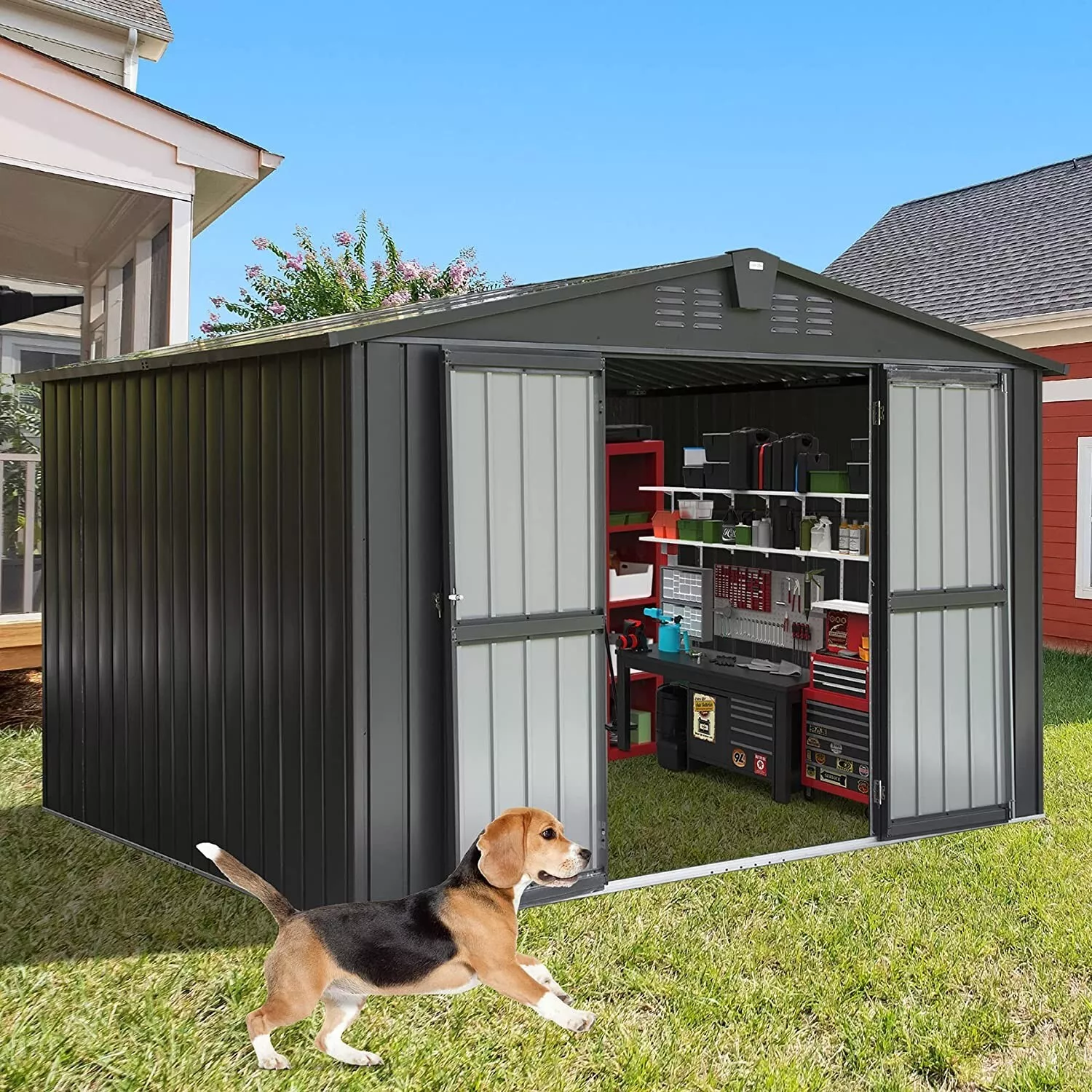 Domi Outdoor 10x 8FT Storage Shed with Lockable Door , Metal Garden Shed for Backyard, Patio, Lawn for Bike, Trash Can, Tools, Lawn Mowers, Pool Toys(Gray)