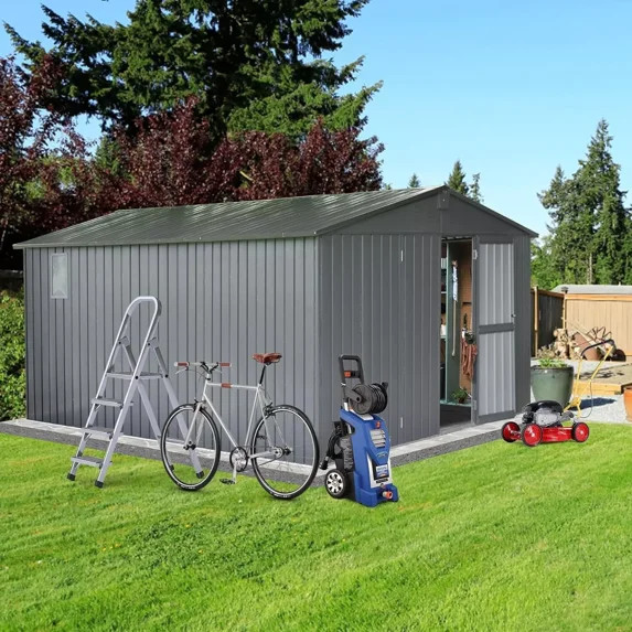 Domi Outdoor 11x 12.5FT Storage Shed with Lockable Door , Metal Garden Shed for Backyard, Patio, Lawn for Bike, Trash Can, Tools, Lawn Mowers, Pool Toys(Gray)