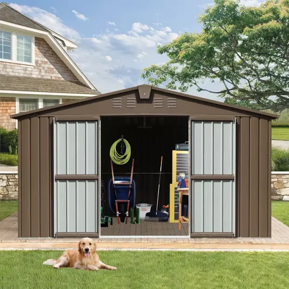 Domi Outdoor 11x 9FT Storage Shed with Lockable Door , Metal Garden Shed for Backyard, Patio, Lawn for Bike, Trash Can, Tools, Lawn Mowers, Pool Toys(Brown)
