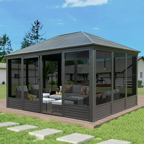 Domi Outdoor 14.6x11.2 ft Sunroom, All-Season Solarium Aluminum Hardtop Gazebo with Galvanized Steel Roof, Movable PE Screen, Sliding Door, Sun Room Pavilion Gazebo for Deck Backyard Garden