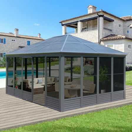 Domi Outdoor 16.5x13 Ft Sunroom, All-Season Solarium Aluminum Hardtop Gazebo with Galvanized Steel Roof, Movable PE Screen, Sliding Door, Sun Room Pavilion Gazebo for Deck Backyard Garden