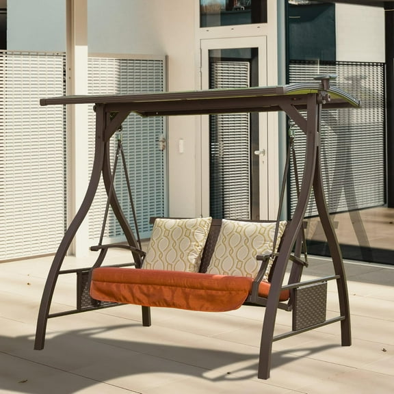 Domi Outdoor 2 Person Patio Porch Swing with Adjustable Canopy and Solar LED Light, Deluxe Hammock Swing Glider and 2 Sunbrella Cushions, Perfect for Outdoor Garden, Balcony, and Backyard