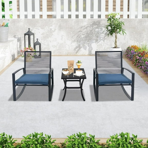 Domi Outdoor 3-Piece Wicker Patio Rocking Chair Set with Cushions and Coffee Table, All-Weather Conversation Furniture for Balcony, Backyard, or Pool, Blue