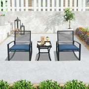 Domi Outdoor 3-Piece Wicker Patio Rocking Chair Set with Cushions and Coffee Table, All-Weather Conversation Furniture for Balcony, Backyard, or Pool, Blue