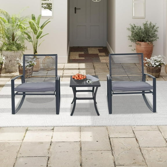 Domi Outdoor 3-Piece Wicker Patio Rocking Chair Set with Cushions and Coffee Table, All-Weather Conversation Furniture for Balcony, Backyard, or Pool, Gray