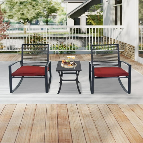 Domi Outdoor 3-Piece Wicker Patio Rocking Chair Set with Cushions and Coffee Table, All-Weather Conversation Furniture for Balcony, Backyard, or Pool, Red