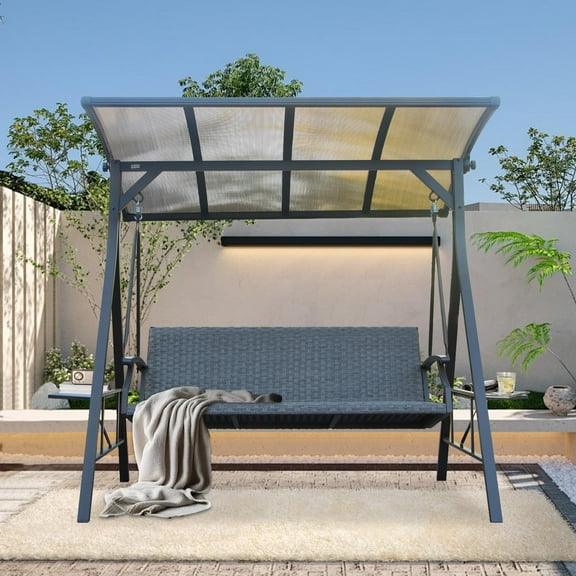 Domi Outdoor 3-Seat Porch Swing with Adjustable Polycarbonate Hardtop and Side Table, Wicker Patio Swing Chair Bench, Steel Frame, and Quick-Drying Foam Seat,Ideal for Backyard Gardens and Lawns