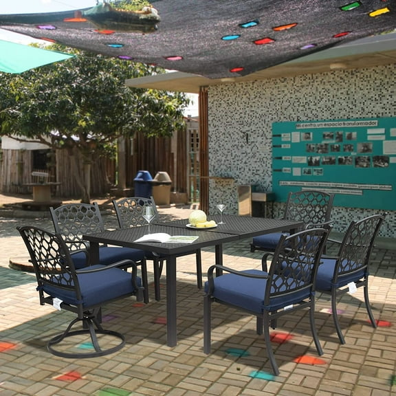 Domi Outdoor 7-Piece Patio Dining Set, Metal Dining Table, Swivel & Dining Chairs Conversation Set with Removable Cushions for Garden, Lawn, Yard, Navy Blue
