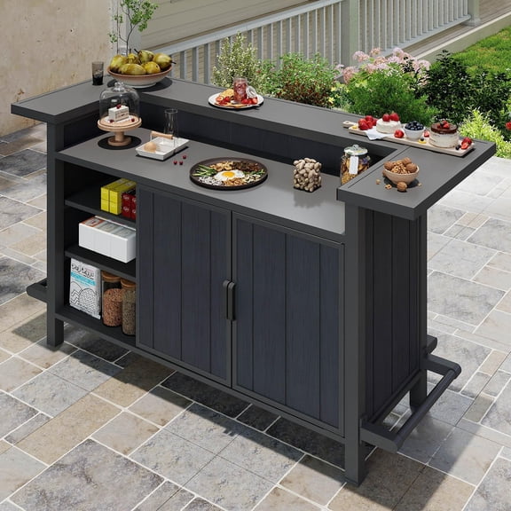 Domi Outdoor Bar Table with Storage, All-Weather Wicker Patio Bar Cabinet, Aluminum Frame, Waterproof Rattan Buffet Table for Backyard, Deck