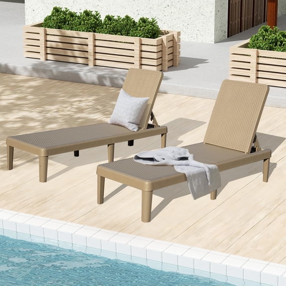 Domi Outdoor Chaise Lounge Chairs Set of 2, 6-Position Adjustable Backrest, Waterproof Resin Pool Lounge Chairs for Patio, Poolside, Garden, Deck, Khaki