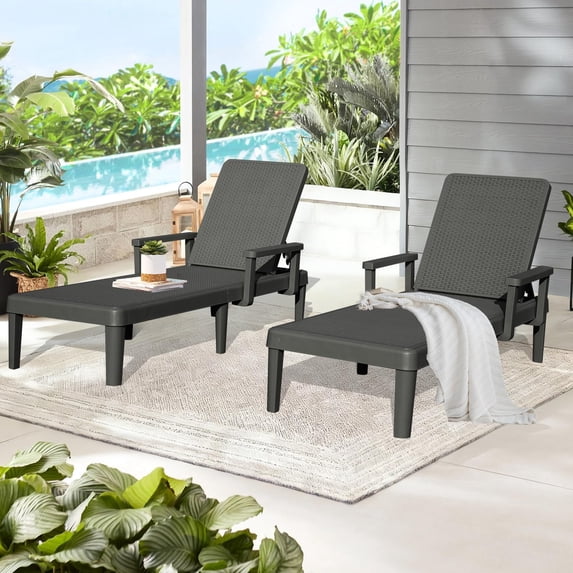 Domi Outdoor Chaise Lounge Chairs Set of 2 with Adjustable Armrest, 6-Position Adjustable Backrest, Waterproof Resin Pool Lounge Chairs for Patio, Poolside, Garden, Deck, Dark Gray
