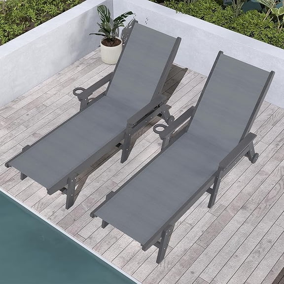 Domi Outdoor Chaise Lounge Chairs Set of 2, HDPE Patio Pool Loungers with Wheels, 5-Position Adjustable Reclining Chairs for Sunbathing, Lawn & Deck, Dark Grey