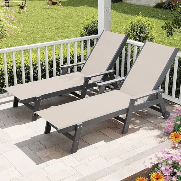 Domi Outdoor Chaise Lounge Chairs Set of 2, HDPE Patio Pool Loungers with Wheels, 5-Position Adjustable Reclining Chairs for Sunbathing, Lawn & Deck, Khaki