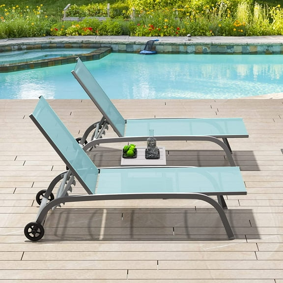 Domi Outdoor Chaise Lounge Set of 3, Lounge Chair with Wheels & 5 Adjustable Position Turquoise Blue