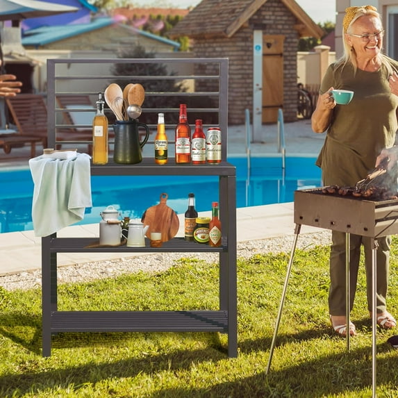 Domi Outdoor Kitchen Series Aluminum Storage Islands Food Prep Workbench with Double Storage Shelves Rack, Food-Safe Kitchen Table Free Standing Bar Center with Protective Cover Indoor Outdoor