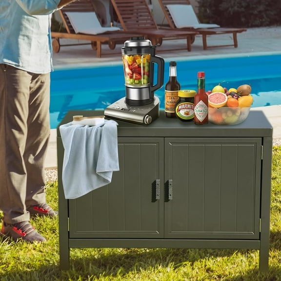 Domi Outdoor Kitchen Series Aluminum Storage Islands, Grill Storage Cabinet Metal Kitchen Grill Table Cooking Prep Table with Protective Cover for Outside, Patio Bar, Outdoor Kitchen Island