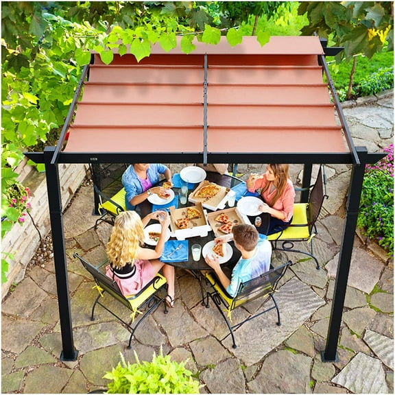 Domi Outdoor Living 10’ X 10’ Outdoor Retractable Pergola with Weather-Resistant Canopy Aluminum Garden Pergola Patio Grill Gazebo for Courtyard