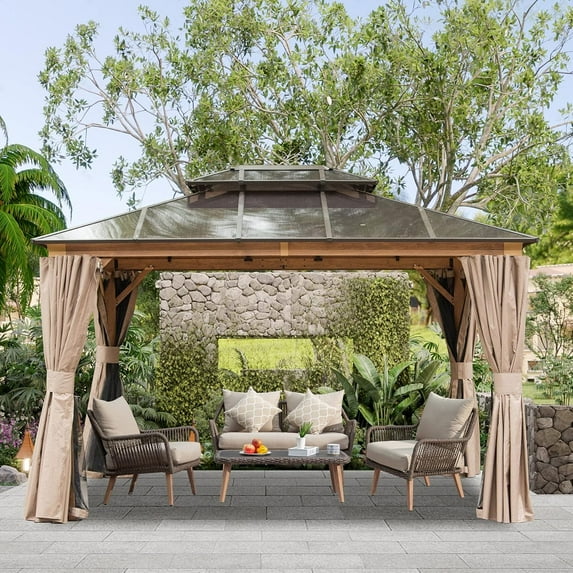 Domi Outdoor Living 10 X 12 Hardtop Gazebo Outdoor Aluminum Gazebo with Polycarbonate Double Roof Canopy for Lawn and Garden, with Curtains & Net (Wood Looking)