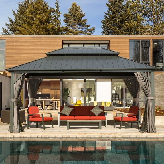 Domi Outdoor Living 10’ X 14’ Hardtop Gazebo Canopy with Netting & Curtains, Outdoor Aluminum Gazebo with Galvanized Steel Double Roof for Patio Lawn and Garden, Gray