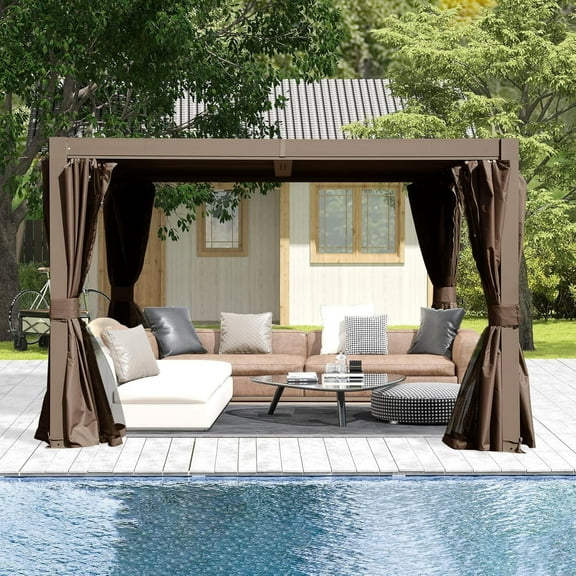 Domi Outdoor Living 10' x 10'Aluminum Louvered Pergola w/Adjustable Roof Louvers, Full Aluminum Frame & Built-In Gutter System for Deck, Garden, or Backyard, Brown