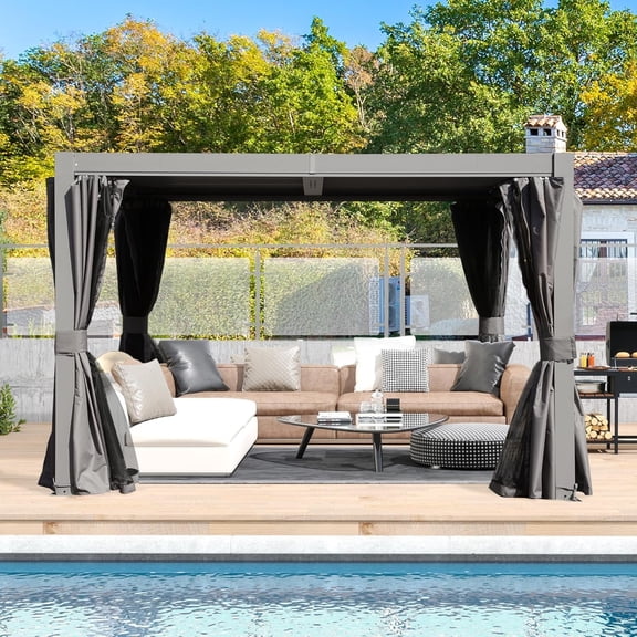 Domi Outdoor Living 10' x 10'Aluminum Louvered Pergola w/Adjustable Roof Louvers, Full Aluminum Frame & Built-In Gutter System for Deck, Garden, or Backyard, Gray