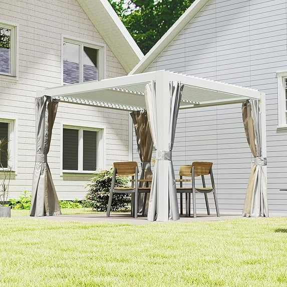 Domi Outdoor Living 10' x 10'Aluminum Louvered Pergola w/Adjustable Roof Louvers, Full Aluminum Frame & Built-In Gutter System for Deck, Garden, or Backyard, White