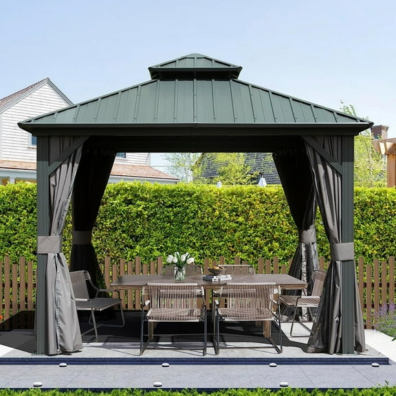 Domi Outdoor Living 10’ x 10’ Hardtop Gazebo Aluminum Frame Canopy with Netting & Curtains, Outdoor Permanent Metal Pavilion with Galvanized Steel Double Roof for Patio Lawn and Garden, Gray