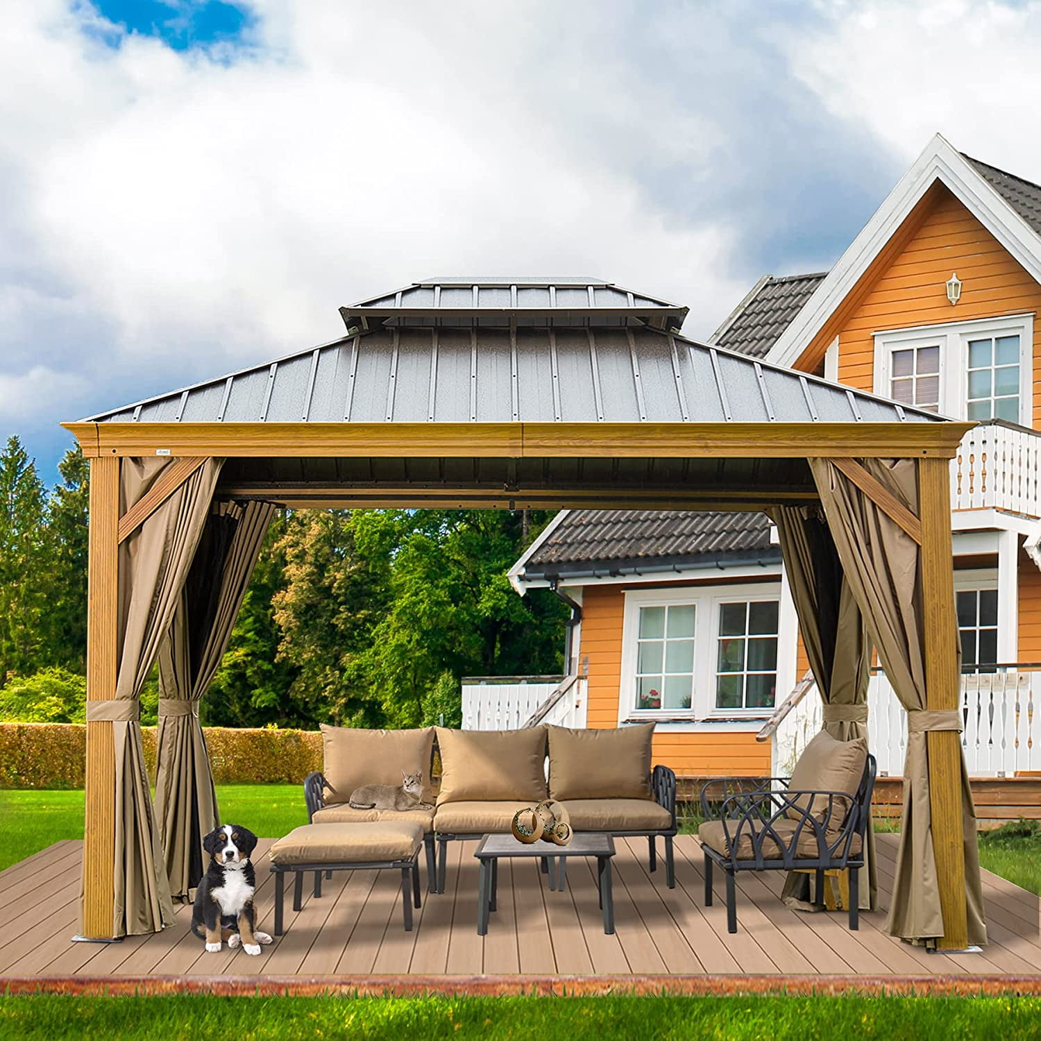 Domi Outdoor Living 10' x 12' Hardtop Gazebo Outdoor Aluminum Wood Grain  Gazebos with Galvanized Steel Double Canopy for Patios Deck  Backyard,Curtains&Netting by domi outdoor living, Brown 