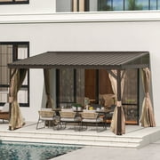 Domi Outdoor Living 10' x 12' Hardtop Lean-to Gazebo, Wall-Mounted with Galvanized Steel Roof Wall Pergola with Aluminum Frame, Curtains and Netting, for Patio, Deck, Garden, Backyard