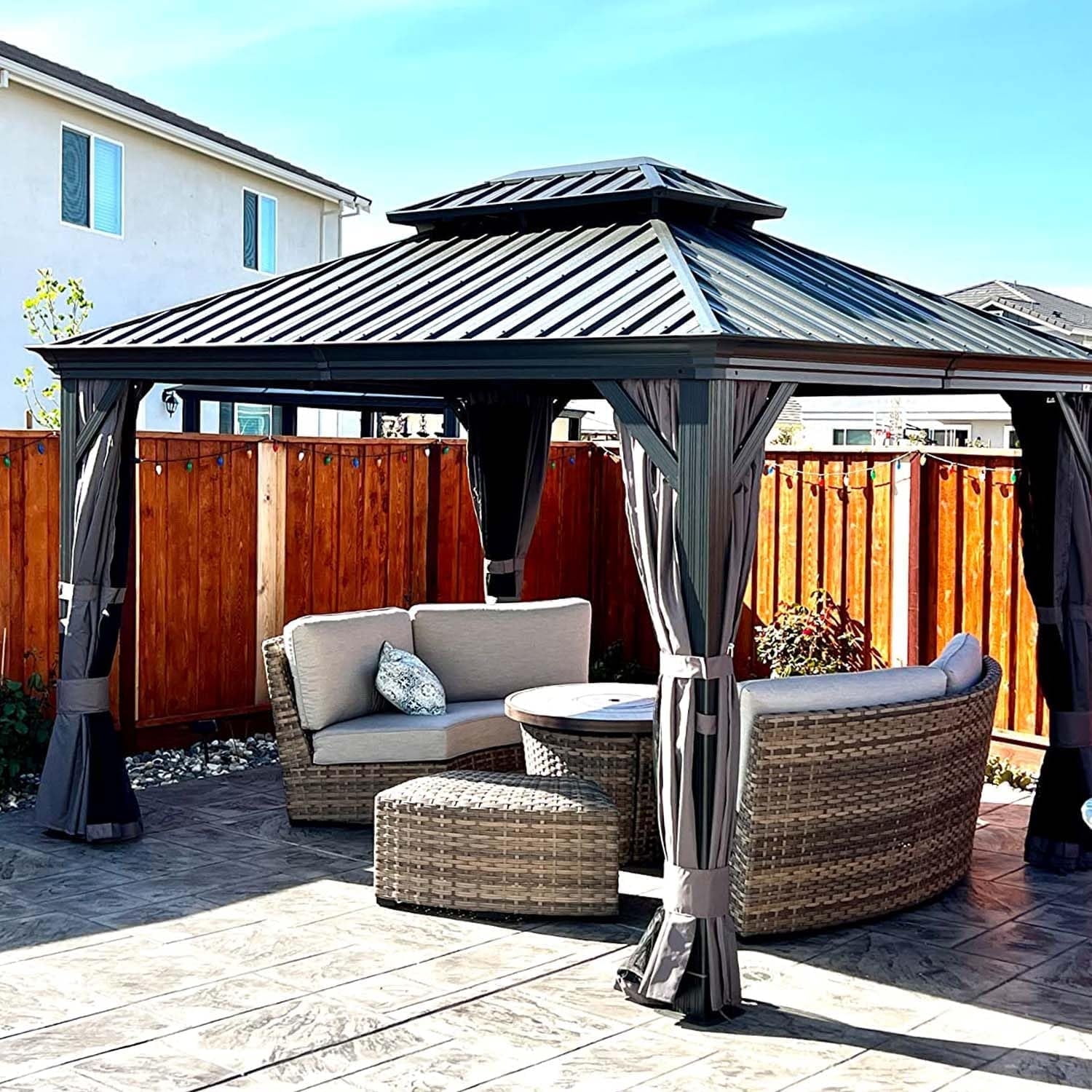 Domi Outdoor Living 10'x12'Hardtop Gazebo,Aluminum Frame Canopy with Galvanized Steel Double Roof,Permanent Outdoor Metal Pavilion with Curtains & Netting for Patio,Backyard & Lawn,Gray