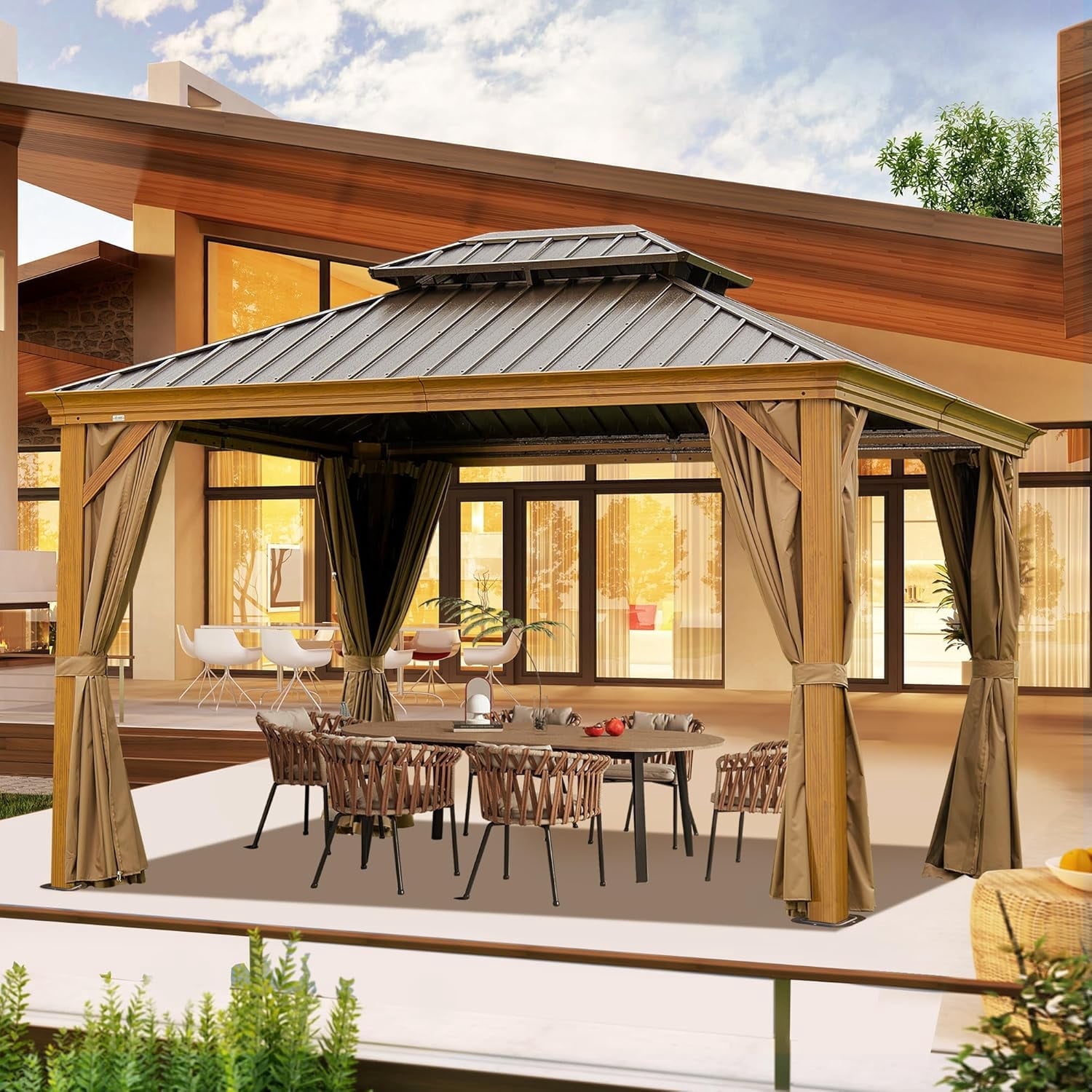 Domi Outdoor Living 10’x14’Hardtop Gazebo with Wooden Coated Aluminum