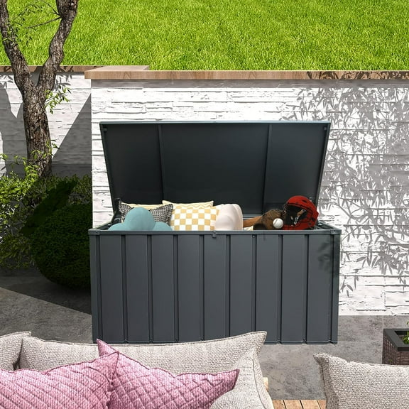 Domi Outdoor Living 100 Gallon Large Deck Box,Outdoor Storage for Patio Furniture, Organization and Storage for Outdoor Cushions, Garden Tools and Pool Toys, Lockable,Dark Gray