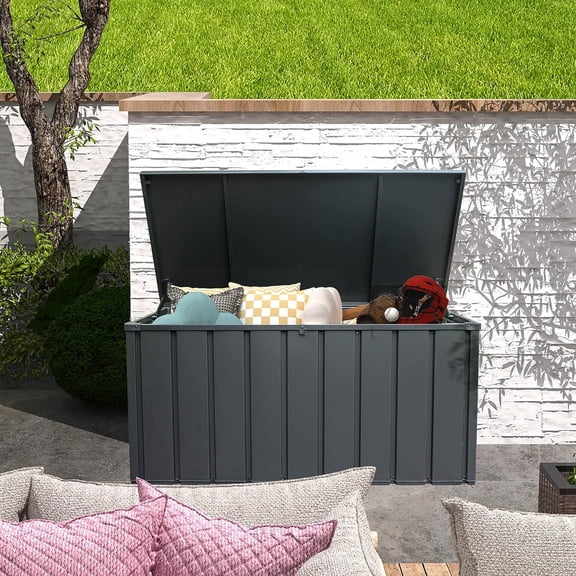 Domi Outdoor Living 100 Gallon Large Deck Box, Outdoor Storage for Patio Furniture, Cushions, Garden Tools & Pool Toys – Lockable, Dark Gray