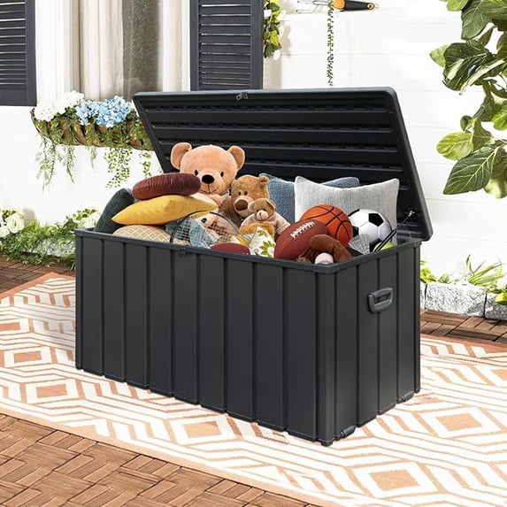 Domi Outdoor Living 100 Gallon Large Deck Box,Outdoor Storage with Resin Lid for Outdoor Cushions, Garden Tools and Pool Toys, Lockable,Dark Gray