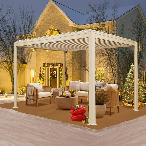 Domi Outdoor Living 10x10FT Louvered Pergola with Adjustable Steel Roof, Durable Metal Frame, Efficient Drainage System for Backyard, Garden and Lawn, White