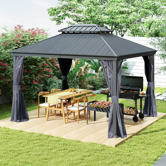 Domi Outdoor Living 10x12 ft Metal Frame Gazebo with Wood-Grain Resin Double Roof, Outdoor Pavilion with Curtains & Netting for Patio & Garden, Dark Gray