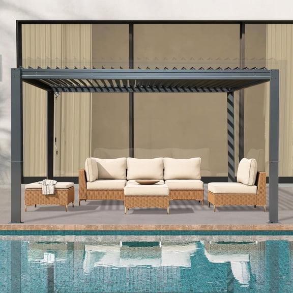 Domi Outdoor Living 10x13FT Louvered Pergola with Adjustable Steel Roof, Durable Metal Frame, Efficient Drainage System for Backyard, Garden and Lawn, Gray