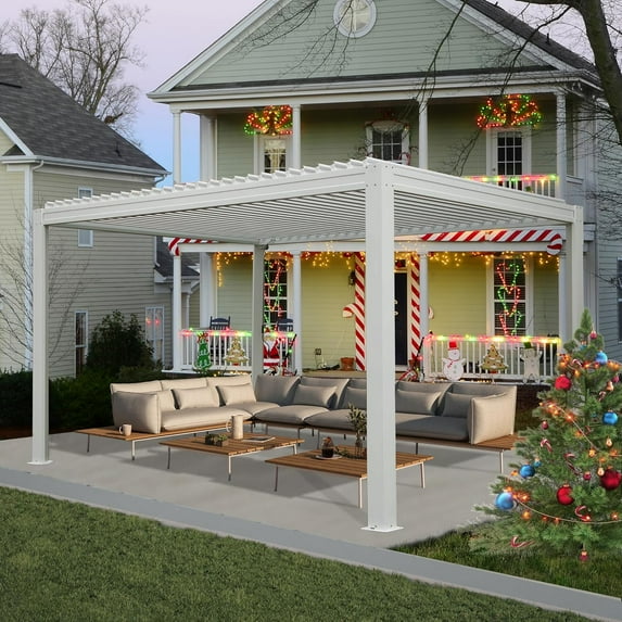 Domi Outdoor Living 10x13FT Louvered Pergola with Adjustable Steel Roof, Durable Metal Frame, Efficient Drainage System for Backyard, Garden and Lawn, White